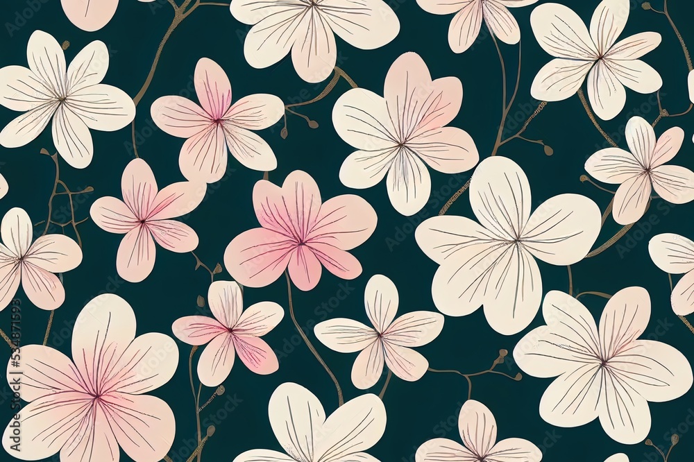 Fototapeta premium Blossom floral seamless pattern. Vintage background. Wallpaper. Blooming realistic isolated flowers. Hand drawn. illustration.