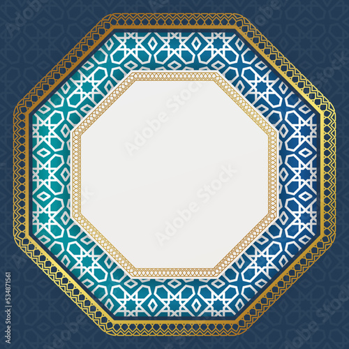 Arabic islamic elegant blue and golden luxury ornamental background with arabic border pattern.