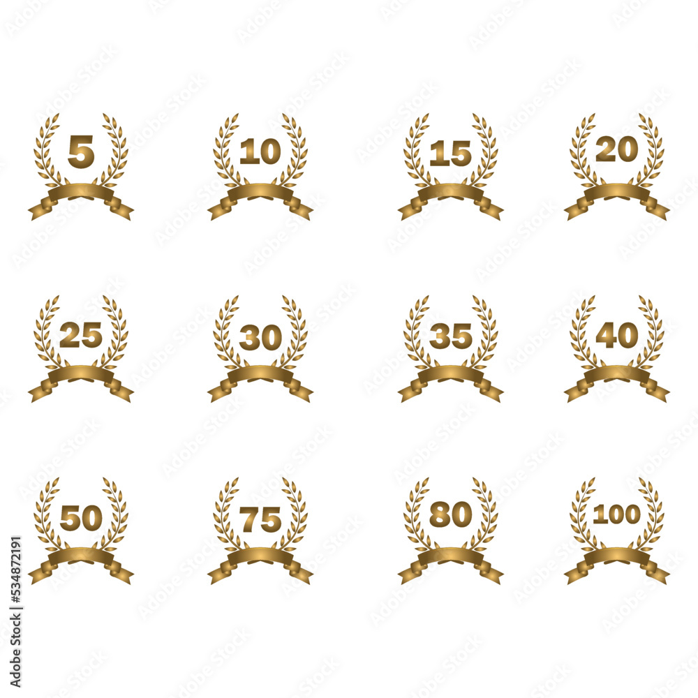 Set of Laurel Wreath 5,10,15,20,25,30,35,40,50,75,80,100 Years Vector Illustration Set of Laurel Wreath 5,10,15,20,25,30,35,40,50,75,80,100 Years Vector Illustration