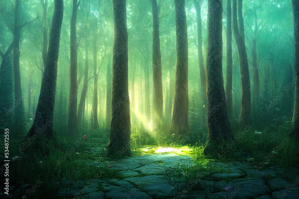 Fototapeta premium Atmospheric and enchanting fantasy fairy tale forest background, 3d render painting.