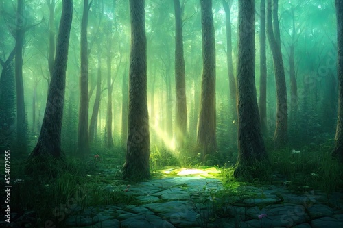 Atmospheric and enchanting fantasy fairy tale forest background, 3d render painting.
