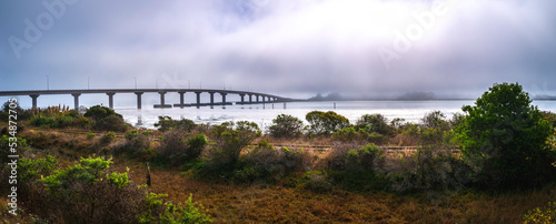 Samoa Bridge over the railway on a foggy morning on State Route 255 over Arcata Bay near Eureka, California