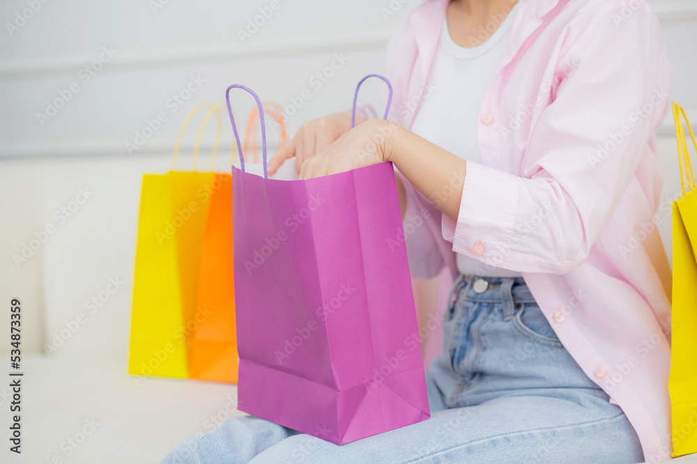 Closeup hands of woman sitting on sofa open paper bag while online shopping with credit card at home, girl purchase and discount of consumer with excited, shopaholic and lifestyles concept. Closeup hands of woman sitting on sofa open paper bag while online shopping with credit card at home, girl purchase and discount of consumer with excited, shopaholic and lifestyles concept.