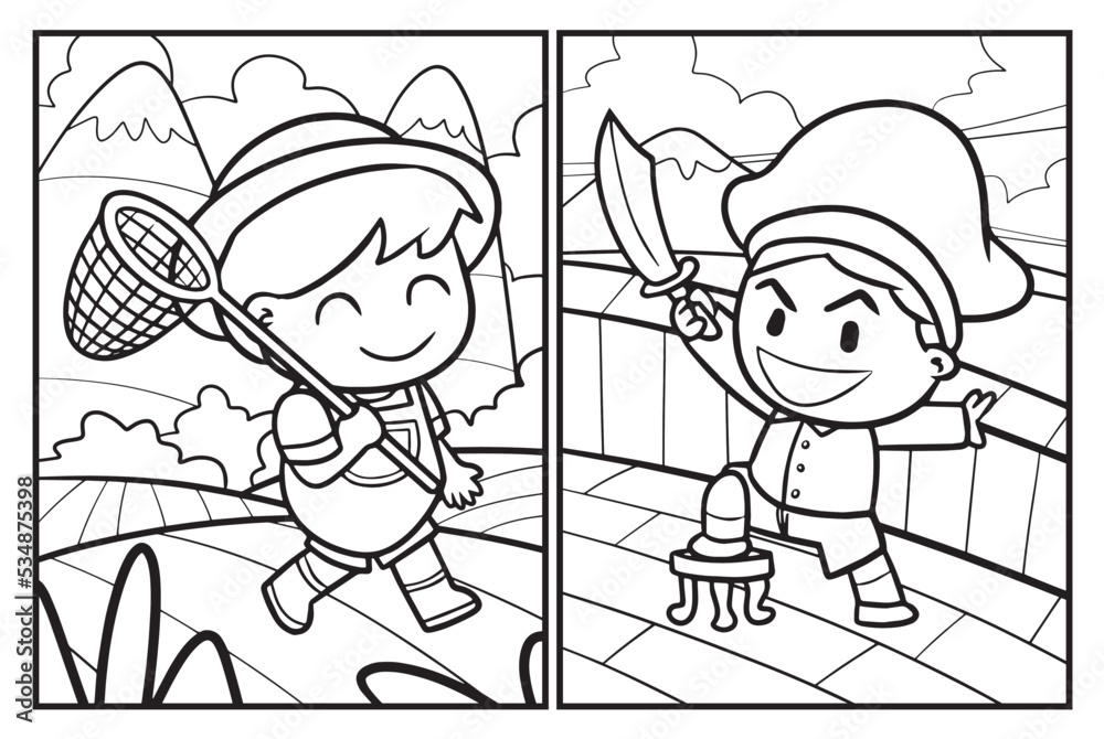 Funny boy playing cartoon coloring pages
