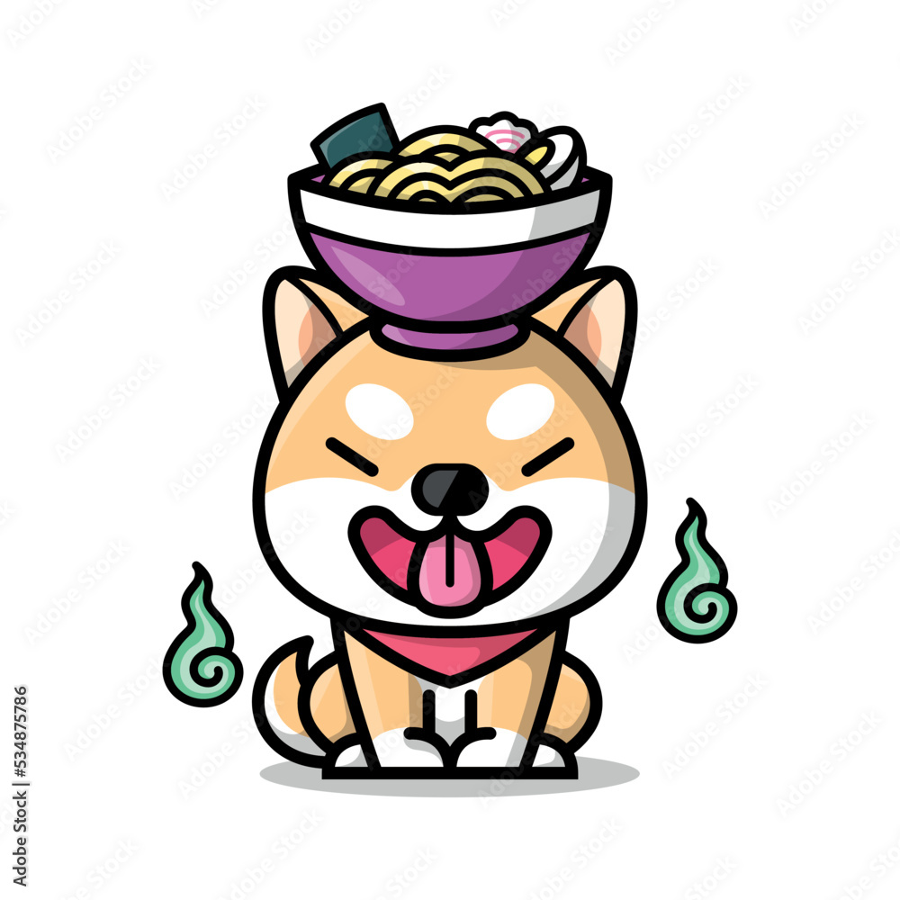 Fototapeta premium CUTE SHIBA DOG WITH A BOWL OF RAMEN ON HIS HEAD CARTOON ILLUSTRATION