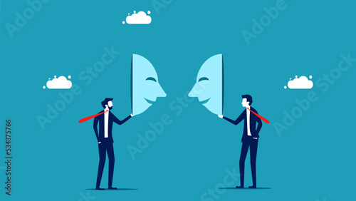 Deception. Business people wearing masks to each other. vector illustration eps photo