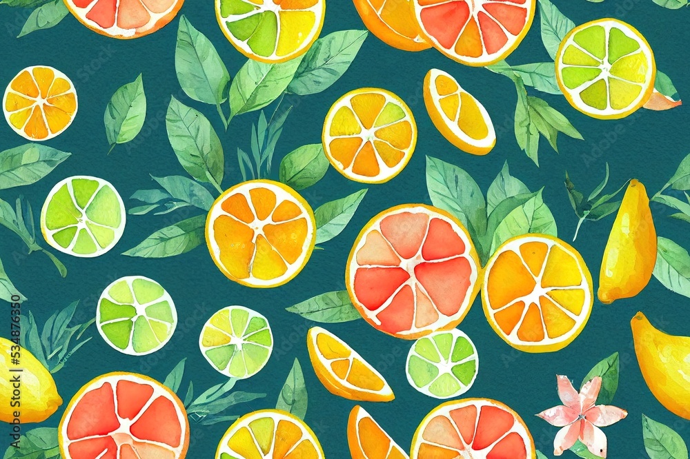Watercolor painting, vintage seamless pattern tropical fruits, citrus, slices of lemon, orange, lime, branch,flowers,bamboo, roses branch with buds, leaves green. Fashionable stylish art background