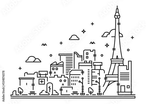 Line Art Vector Illustration of Paris with its Famous Landmark Eiffel Tower and City Buildings in the Background.