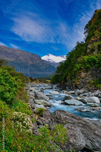 Swing bridge over the Matukituki Valley Mt. Aspiring National Park, New Zealand