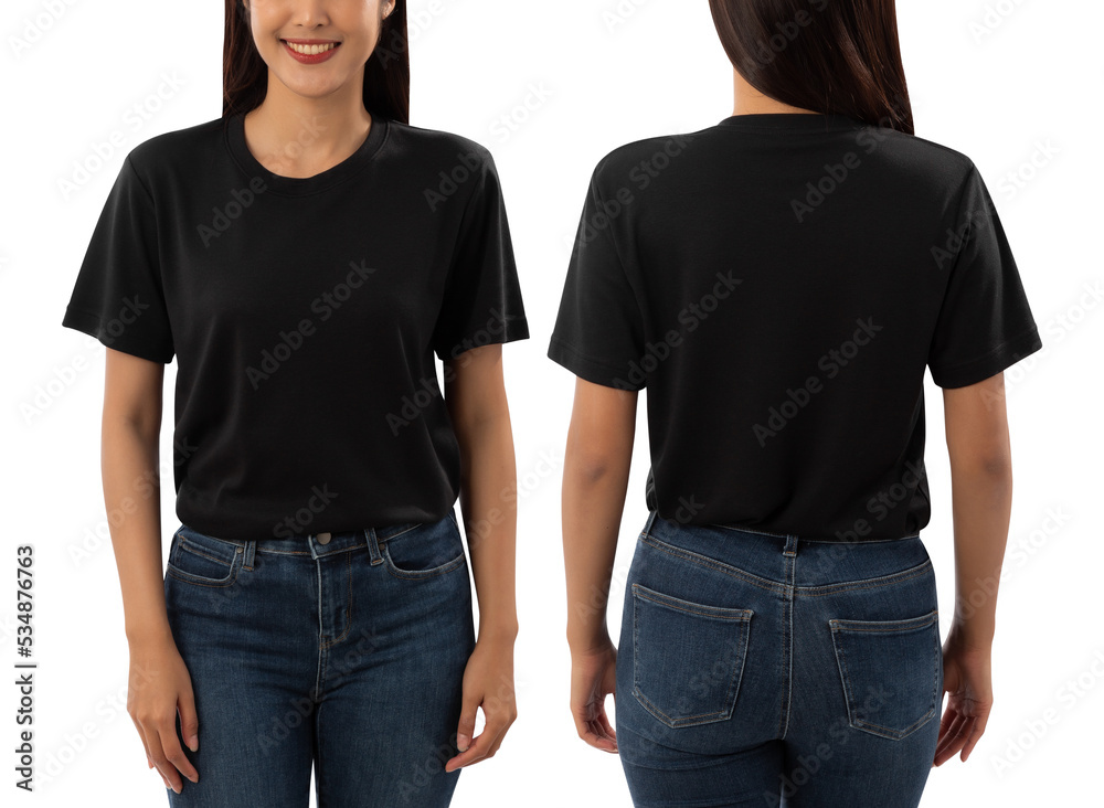 Young woman in black T shirt mockup isolated on white background with clipping path. - obrazy, fototapety, plakaty 