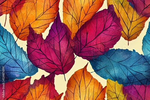 Abstract fall seamless pattern in bright autumn colors. Watercolor painting of falling leaves  ink doodle  watercolour  grunge textures. Floral background for fall design. Hand drawn illustration