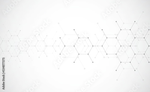 Hexagons pattern on gray background. Genetic research, molecular structure. Chemical engineering. Concept of innovation technology. Used for design healthcare, science and medicine background