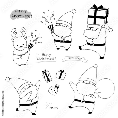かわいい手描きのクリスマスサンタクロースのポーズ線画イラストアイコンセット