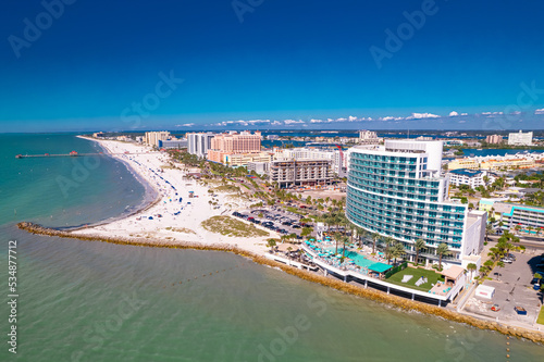 Florida. Clearwater Beach Florida. Ocean beach, Hotels and Resorts. Turquoise color of salt water. American Coast or shore. Gulf of Mexico. St Petersburg or St Pete Florida. Summer vacation. Hurricane