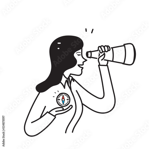 hand drawn doodle person using telescope and compass illustration