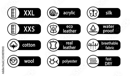 Icons in form of stripes with image of sizes, cotton, wool, leather, water resistance, silk, acrylic, polyester, fast-drying and breathable fabrics. Vector illustration for clothing and fabrics.