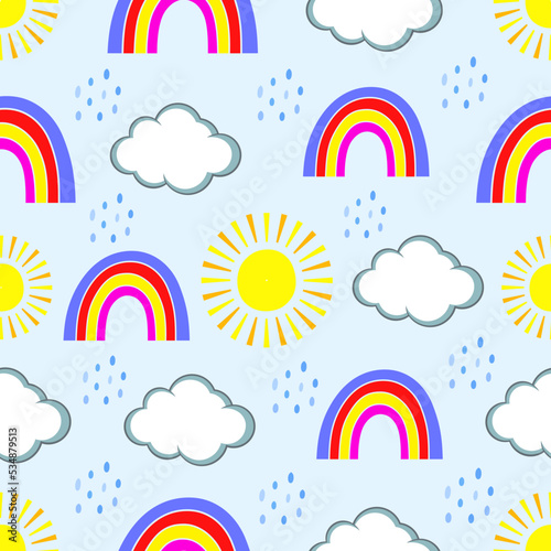 Hand drawn seamless pattern of colorful summer rainbows, clouds and rain drop