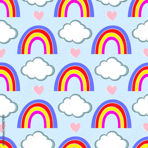 Hand drawn seamless pattern of colorful summer rainbows and clouds