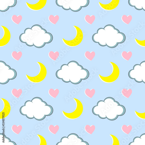 Cloud and moon seamless pattern. Beautiful cloud background