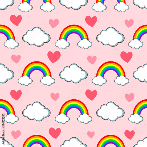 Seamless pattern of clouds and rainbow on pink background
