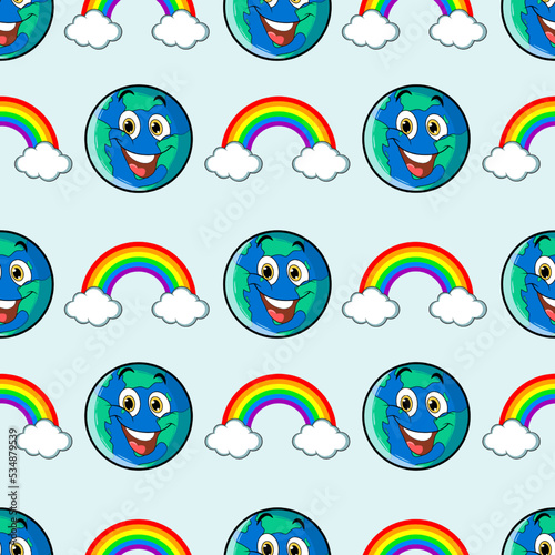 Earth and rainbow seamless pattern with cute power