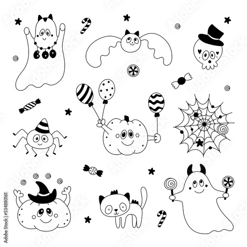 Vector set of childish cute doodle halloween design elements:pumpkin,ghost,cat,bat,spiderweb,skull.Outline.Sketch.
