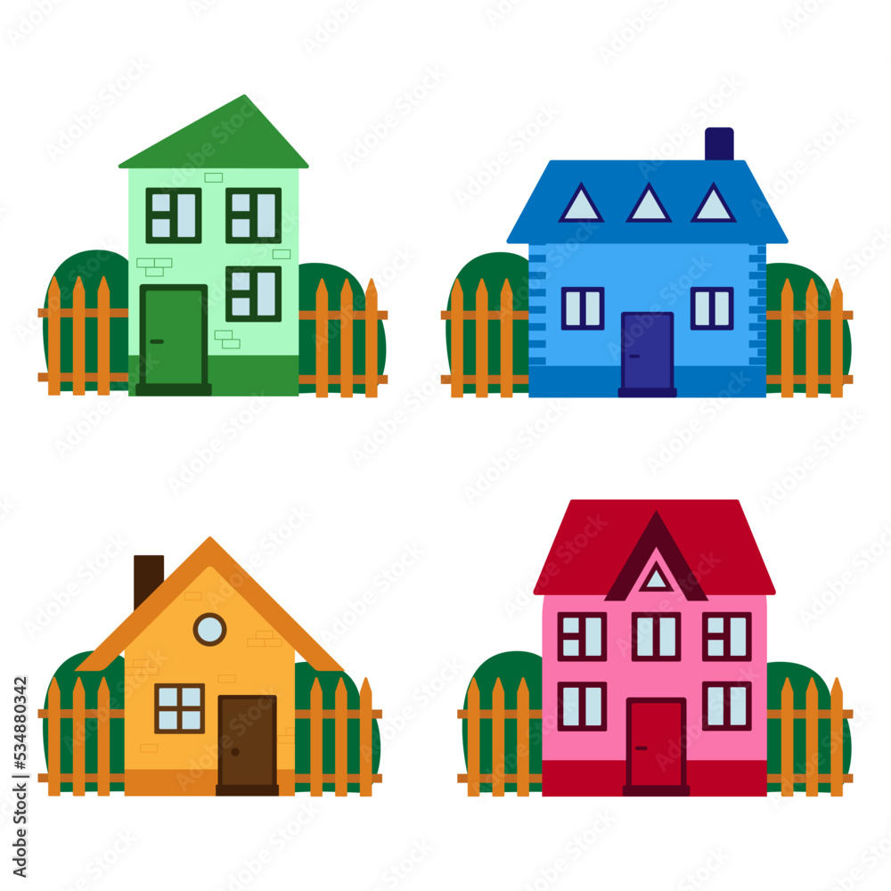 Fototapeta premium Vector illustration. A collection of cute multicolored houses in a flat style