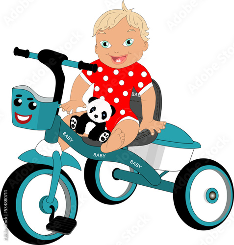 A toddler sits on a tricycle with his favorite panda toy. He smiles.