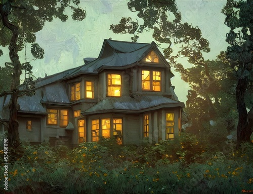 Wooden house with lit windows in evening forest © WabiSabi vibes