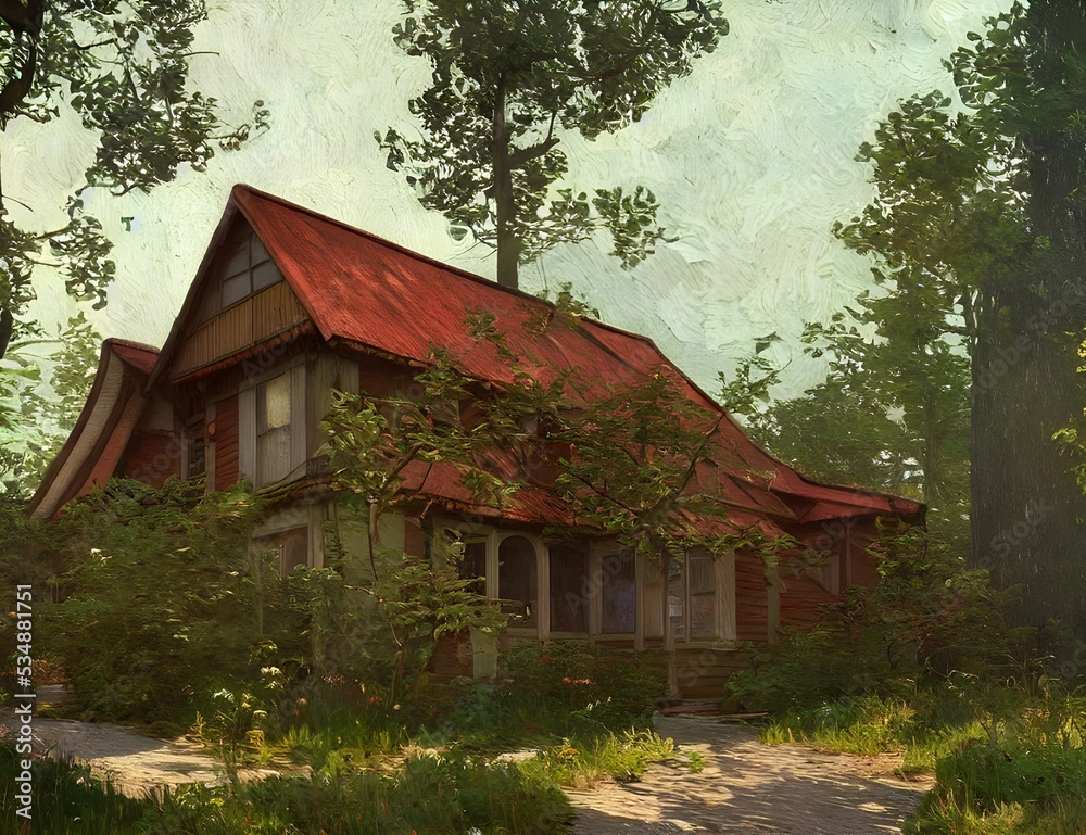 Wooden house with lit windows in evening forest Wooden house with lit windows in evening forest