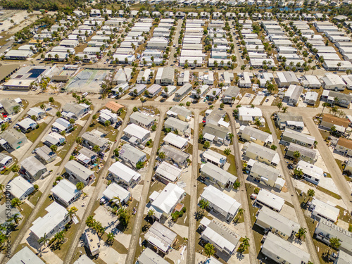 Aerial drone photo of mobile home trailer parks in Fort Myers FL which sustained damage from Hurricane Ian