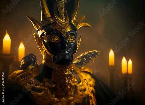 Egyptian Priest wearing a Diety Mask Surrounded by Burning Incense and Candles in a Temple Ritua photo