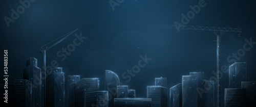 Panorama city landscape. Urban city landscape with skyscrapers made from lines, triangles, low polygon, and particle style designs. Vector illustration