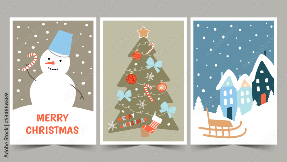 Christmas card set with cute snowman, fir tree and winter landscape with houses. Modern simple flat vector illustration. Christmas card set with cute snowman, fir tree and winter landscape with houses. Modern simple flat vector illustration.