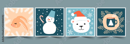 Set of cute square Christmas cards. Childish illustration with rabbit, snowman, bear.