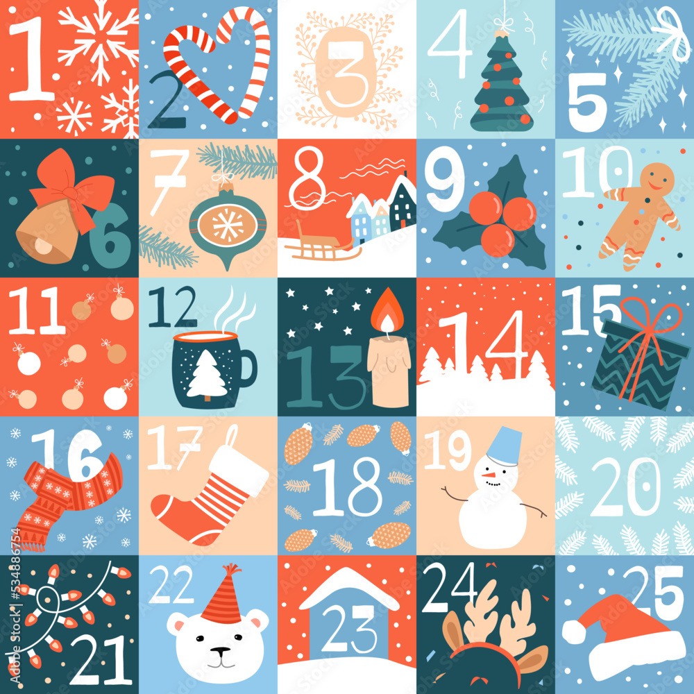 Christmas Advent calendar. 25 days. Funny and cute cards with winter elements - Christmas tree, toys, gifts, bear, rabbit, snow and others. Vector modern flat illustration.