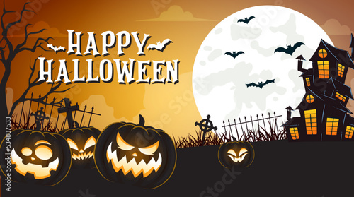 happy halloween with scary pumpkin in night