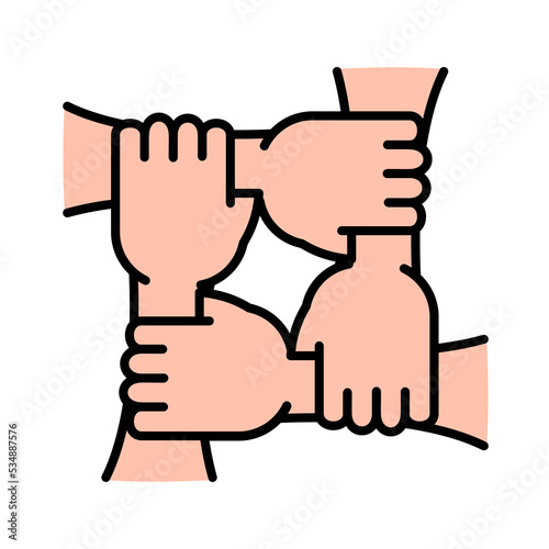 Four hands holding each other arm icon. People connected by hands together sign. Vector illustration. Charity and volunteer group symbol.