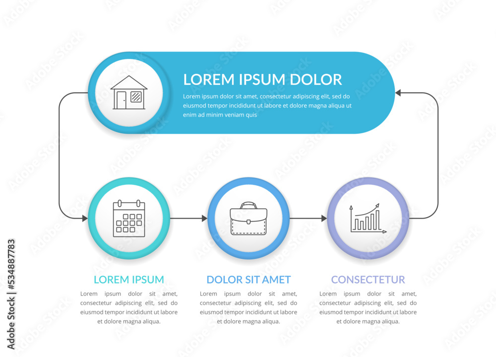 Circular infographic template with 3 elements, flowchart Circular infographic template with 3 elements, flowchart