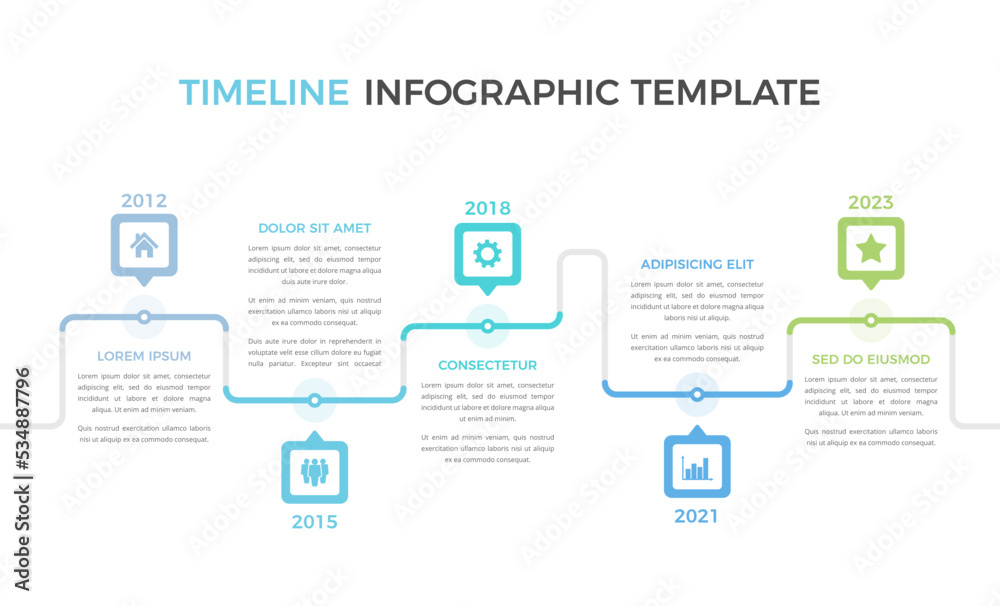 Horizontal timeline template with five elements, infographic template for web, business, presentations