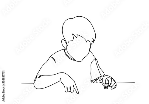 Continuous line of schoolboy raising his hand and pencil, idea and school