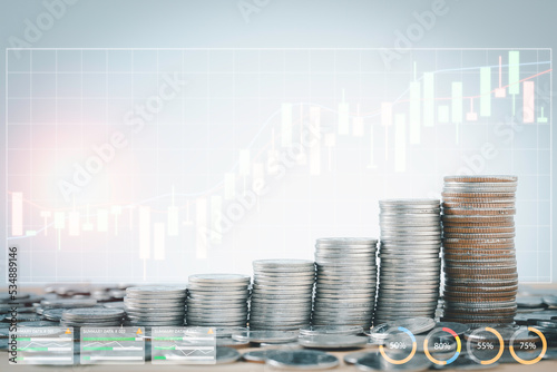 Rows of currency coin for finance stock market chart and growing growth of coins concept for business , investment , saving money and currency exchange background. Management of the future.