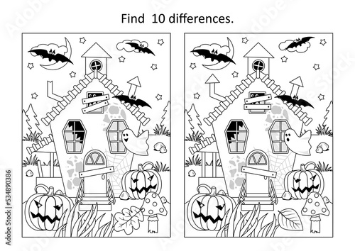 Halloween haunted house difference game. Black and white, printable. May be used as coloring page.
 photo