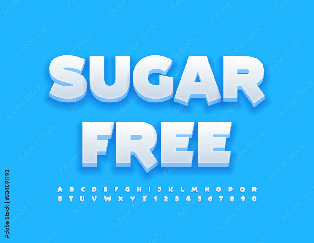 Vector health badge Sugar Free White trendy Font. 3D creative Alphabet Letters and Numbers set