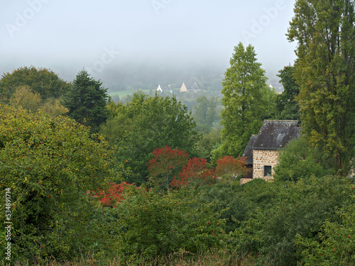 Rural houses in France in a secluded area surrounded by trees on a misty morning
