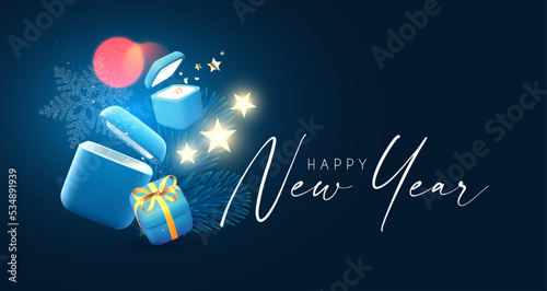 Merry Christmas and Happy New Year Holiday background with gift box, fir tree branch, snowflakes, bokeh effect and neon lights