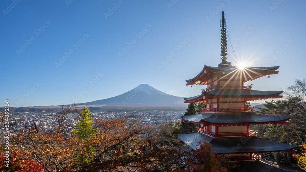 View of Mount Fuji from the viewpoint of Chureito Pagoda.Chureito Pagoda was built on the mountainside of Fujiyoshida City as a peace memorial