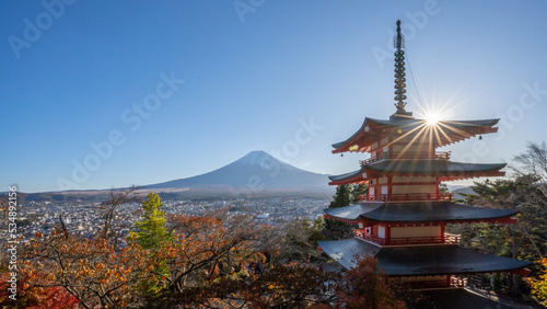 View of Mount Fuji from the viewpoint of Chureito Pagoda.Chureito Pagoda was built on the mountainside of Fujiyoshida City as a peace memorial