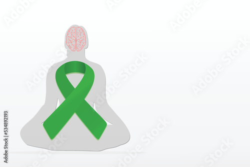 Mental health awareness month. Mental health day concept banner design with green ribbon  and brain icon and human figure with white and gray gradient background.