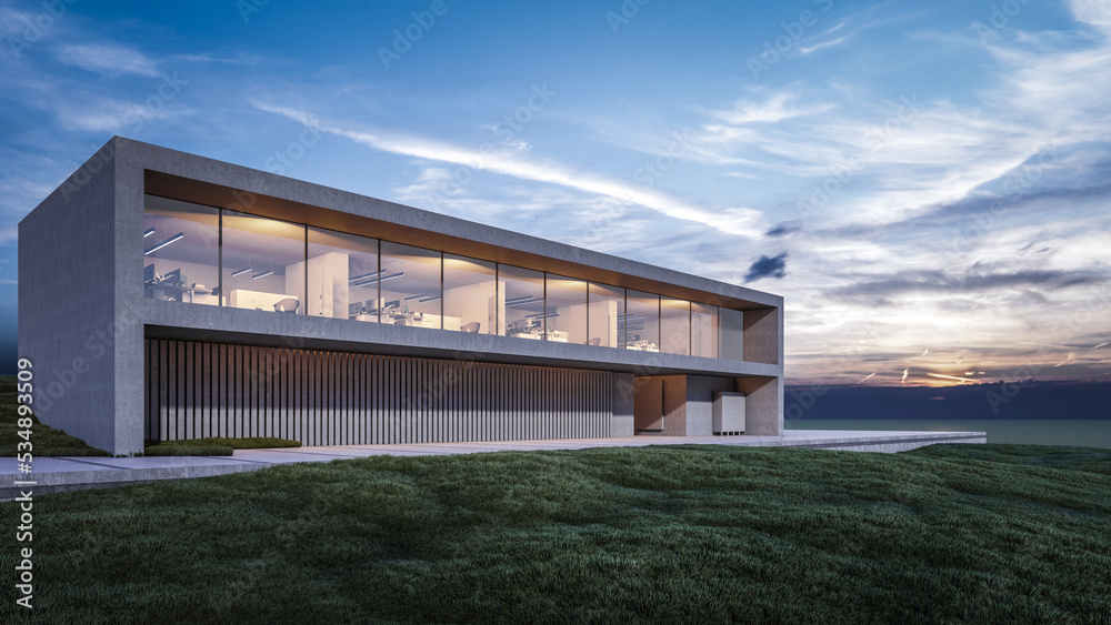 Architecture 3d rendering illustration of modern minimal house with facilities space Architecture 3d rendering illustration of modern minimal house with facilities space